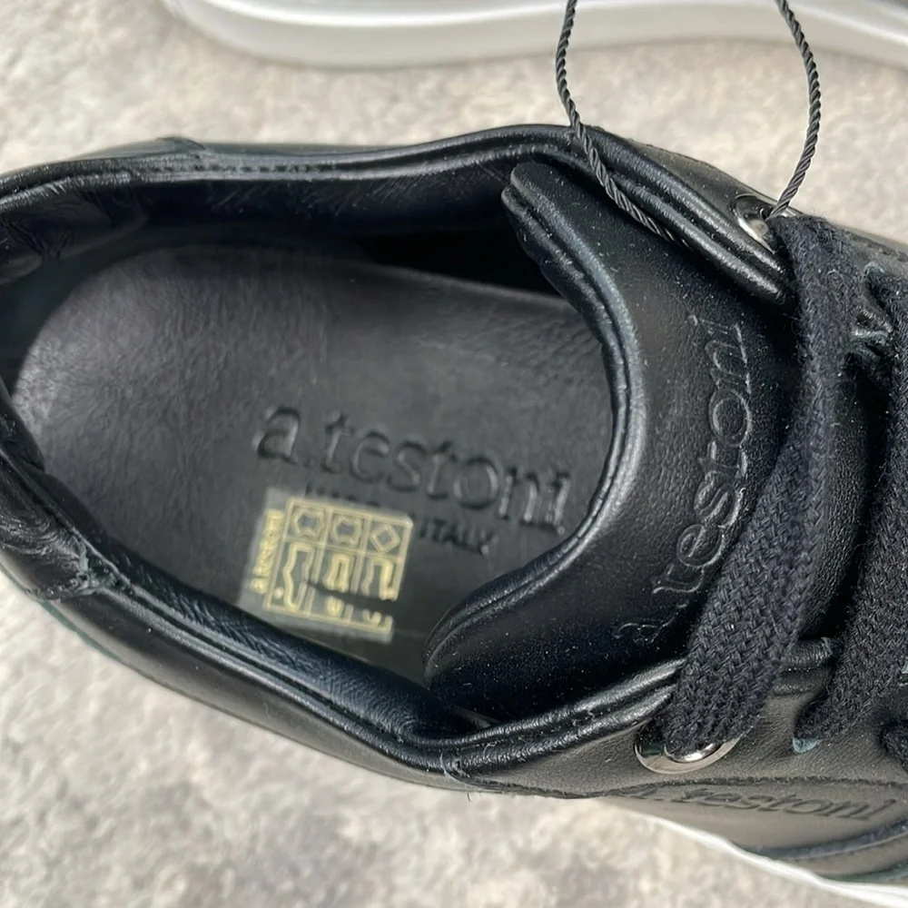 New A Testoni Black Leather Low Top Sneakers Lace Up Sz 37